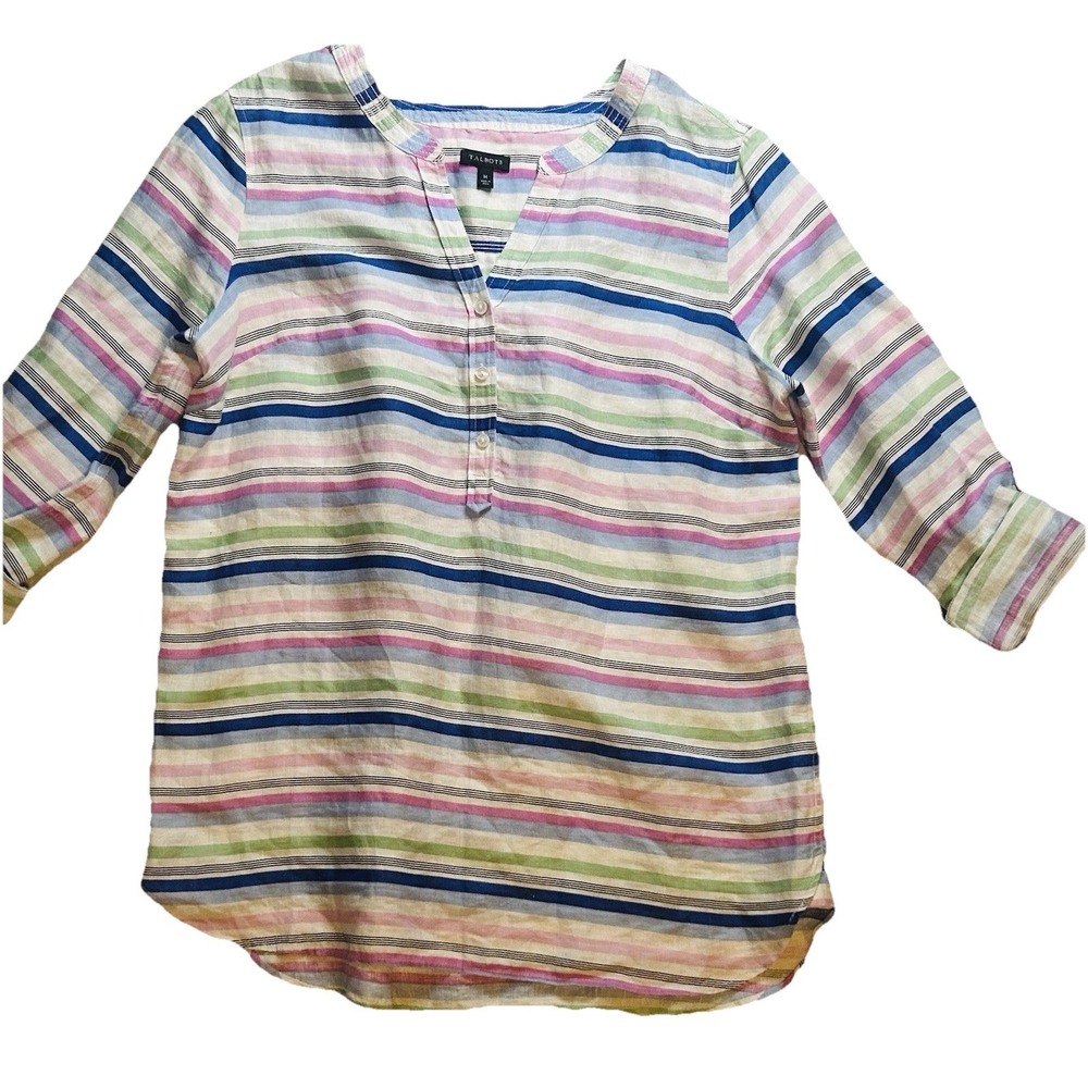 Talbots Women's Medium Shirt 100% Linen - Multi-Color Striped Roll Tab Sleeve